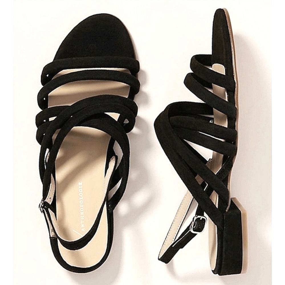 New! Anthropologie Slingback Sandals Amelia Black Suede Strappy Flats